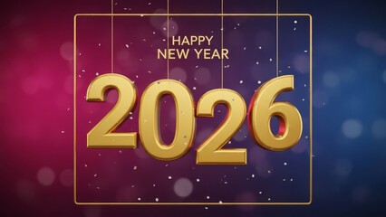 Golden 2026 numbers with confetti and happy new year text against a bokeh background