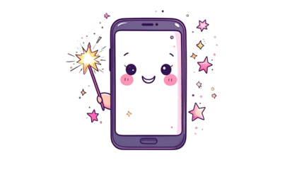 Cartoon smartphone with a face, holding a wand and surrounded by magical stars