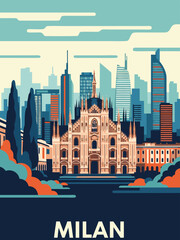 Naklejka premium Milan Skyline A Vibrant Illustration of the Duomo and Modern Architecture