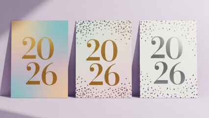 New Year posters with 2026 displayed in gold and silver on gradient and confetti backgrounds on a pastel surface
