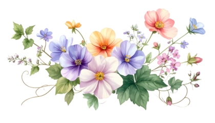 Watercolor floral arrangement with varied blossoms and green foliage on a dark background