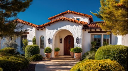 Obraz premium A Mediterranean style house with white stucco walls terracotta roof tiles and arched entryway Daylight exposure crisp surfaces