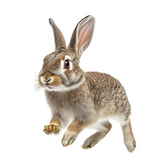 Obraz premium A lively rabbit with large ears and expressive eyes. energetically hopping across a bright white background. its natural agility and playful demeanor. perfect for animal-themed projects