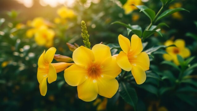 Sunlit yellow allamanda flowers bloom in lush green foliage at golden hour.