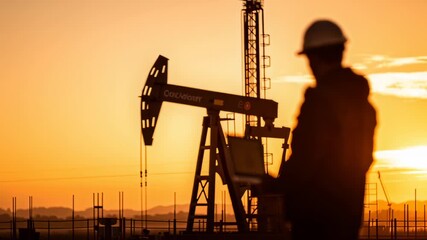 Engineer in hard hat checking data on laptop at golden sunset, overseeing oil production operation, using technology for energy industry management and fossil fuel extraction - Powered by Adobe