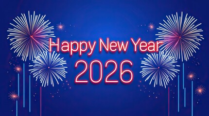 Happy New Year 2026 Neon Glow Text with Fireworks Celebration Background