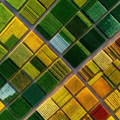 Vibrant agricultural landscape with diverse colorful crop fields