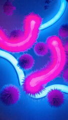 Fototapeta premium Abstract glowing pink fuzzy shapes with curved blue light lines on a vivid blue background, modern digital art concept of surreal organic forms