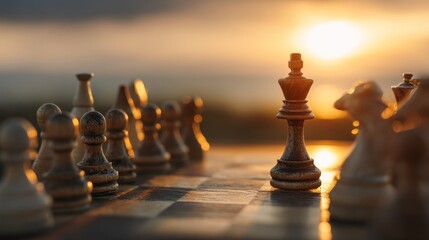 Wooden chess king stands prominently against a bright sunset backdrop.