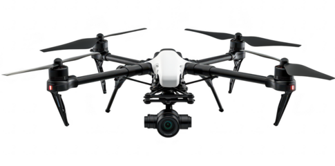 A sleek. modern drone with multiple rotors and a high-definition camera positioned against a plain white background. ideal for aerial photography technology