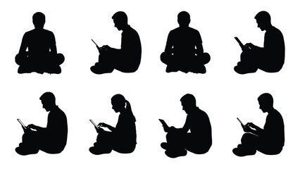 Diverse poses of people seated and reading depicted as a striking black silhouette © JASMIN