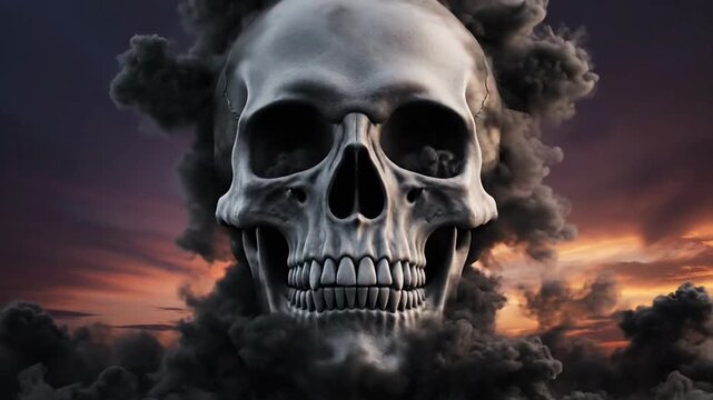Skull-shaped smoke cloud rising from a fiery explosion at sunset, symbolizing danger and destruction.