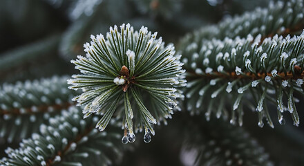 Frosted pine branch with icy needles and snow, winter natural landscape close-up with frozen evergreen tree, cold weather outdoor scene