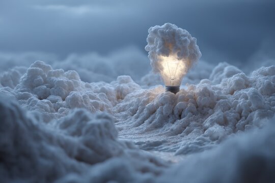 Illuminated lightbulb emerges from deep snowdrift under a moody sky.