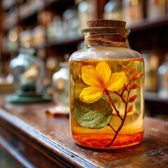Vintage apothecary jar with preserved yellow flower in golden liquid