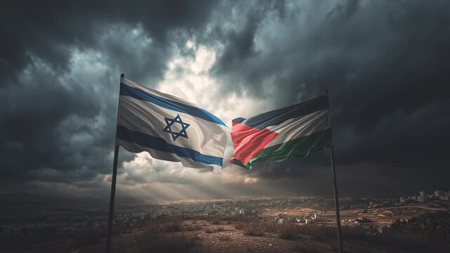 Israel and palestine flags facing each other under a dark, stormy sky, symbolizing political tension, ongoing conflict, and a complex relationship in middle east