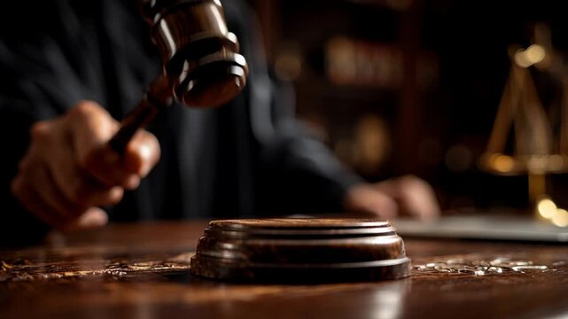 Gavel hitting sound block during a court proceeding, symbolizing justice, law, authority, verdict, and the legislative process in a dark, dramatic courtroom setting