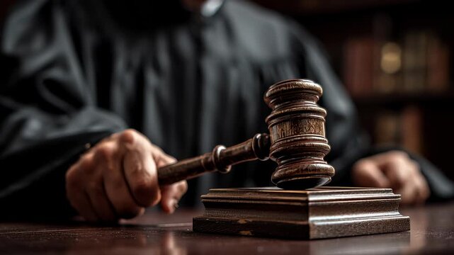 Judge's hand holding a wooden gavel, symbolizing justice, law, authority, and judgment in a courtroom setting, delivering a final verdict or legal decision