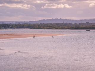 Man Fishing on Sandbank with Pelican