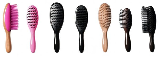 A display of various hairbrushes arranged in a row. different colors and styles against a clean. white background. ideal for beauty and hair care product promotions