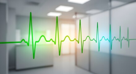 Green ecg heartbeat line overlayed on a blurred medical office corridor