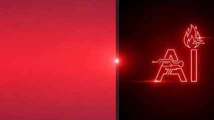 Neon AI logo with robotic hand holding match on dark red background