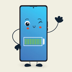 Cute Smartphone Battery Mascot Character, Mobile Energy Concept, Vector.