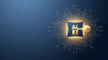 Secure AI technology with key and lock on circuit board background