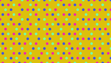 Colorful hexagon pattern with pink and blue shapes on a warm mustard yellow background for retro-inspired graphic designs and website themes