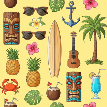 Tropical Seamless Pattern with Beach Vacation Icons and Hawaiian Elements