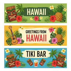 Vibrant Hawaiian Banners Aloha Spirit Tiki Masks Ukulele Tropical Flowers Pineapples Tiki Bar Theme Perfect for Travel Vacation Promotion © Nomads Studio