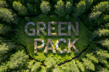 Large green letters forming the words Green Pack are set in a forest surrounded by tall trees with patches of sunlight shining through
