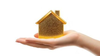 A hand elegantly presenting a shiny golden house model. symbolizing prosperity and success in real estate. set against a soft. blurred white background. ideal for financial or housing themes