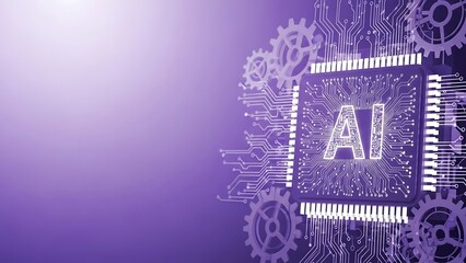 Artificial intelligence chip with gears on purple background