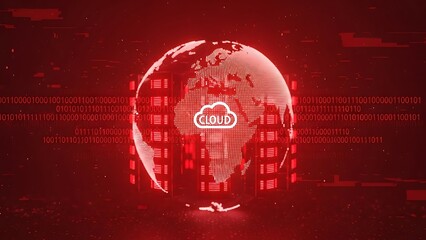 Global cloud computing network with red binary code background