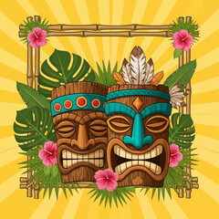 Vibrant Tiki Masks surrounded by tropical foliage and hibiscus flowers in a bamboo frame on a sunburst background perfect for Hawaiian luau or tropical party themes © Nomads Studio