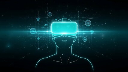 Person wearing futuristic virtual reality headset with glowing blue lines and digital elements