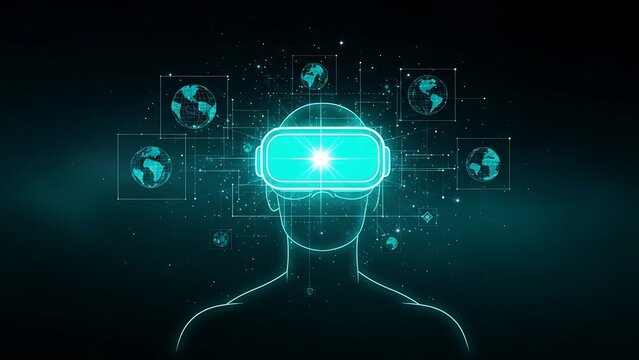 Person wearing futuristic VR headset with glowing blue interface and multiple earth globes in space - Powered by Adobe