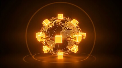 Global network connections with glowing cubes and chains on world map