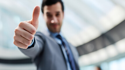 Man showing thumbs up gesture with confident expression in modern office environment
