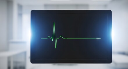 Digital heart monitor displaying a critical green ecg waveform in a medical setting