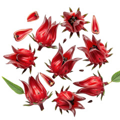 Aerial view of hibiscus flower harvest in tropical botanical garden isolated on transparent background