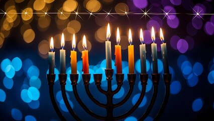 A brightly lit menorah with colorful candles on a festive background with bokeh lights and stars