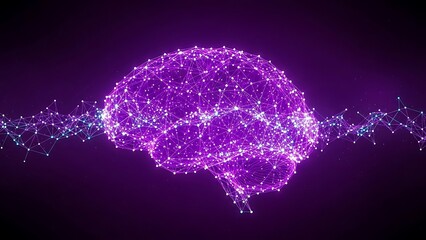 Vibrant digital brain network with glowing purple connections and nodes