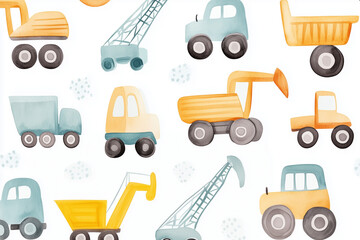 Watercolor seamless nursery pattern with cute baby construction vehicles like dump trucks diggers and cranes. Soft pastel yellow and blue tones with rounded shapes for children decor and textiles.