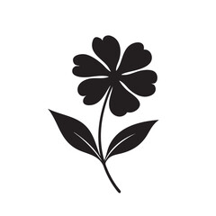 Black silhouette of a five petal flower with two leaves on a white background