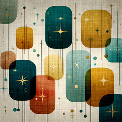 Abstract retro rectangles with starburst elements in mid-century modern style on linen textured background, concept of vintage design
