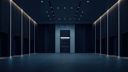 Modern dark interior hallway with vertical light strips and multiple doorways, creating sleek and futuristic atmosphere
