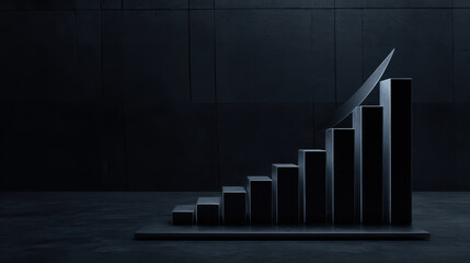 Rising black bar chart with upward arrow symbolizing growth and success in business or finance on dark background