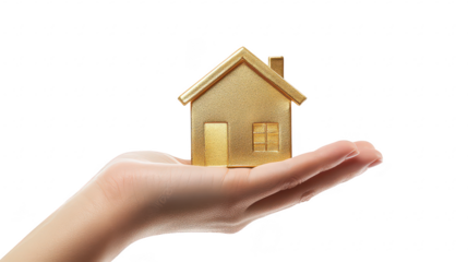 A person holding a shiny golden house model in their hand. symbolizing real estate investment and home ownership. with a clean white background emphasizing the subject